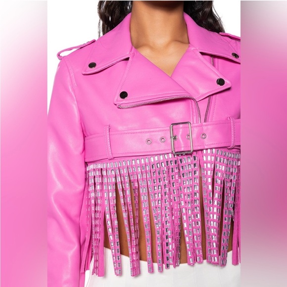 AKIRA Vibrant Pink Leather Jacket with embellished Fringe tagged XL fits more Lg - Picture 3 of 6